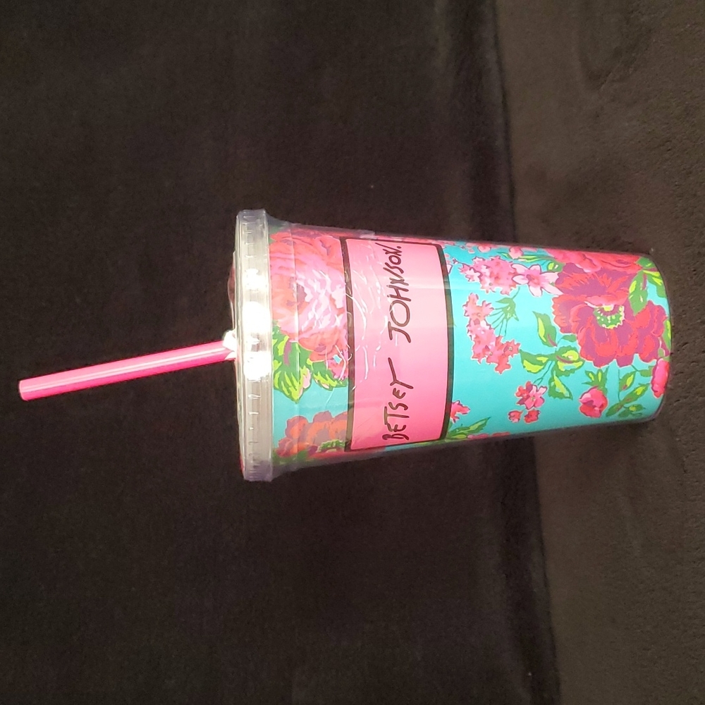 Betsey Johnson Floral Plastic Tumbler with Straw - NEW